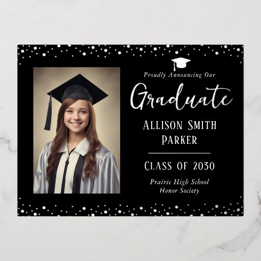 Graduation Announcement Black and Silver Photo Folie Feestdagen Briefkaart (Voorkant)