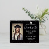 Graduation Announcement Black and Silver Photo Folie Feestdagen Briefkaart (Staand Voorkant)