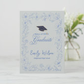 Graduation Announcement | Blue Floral Photo Design Kaart (Staand voorkant)