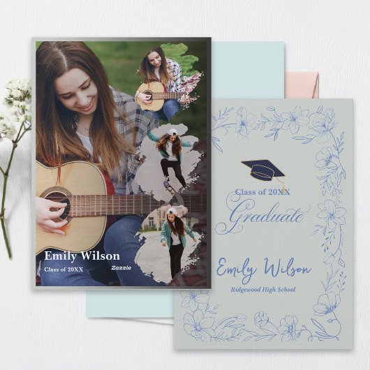 Graduation Announcement | Blue Floral Photo Design Kaart