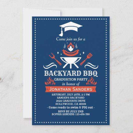 Graduation BBQ Backyard Navy Blue Kaart (Voorkant)