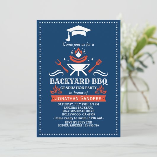 Graduation BBQ Backyard Navy Blue Kaart (Staand voorkant)