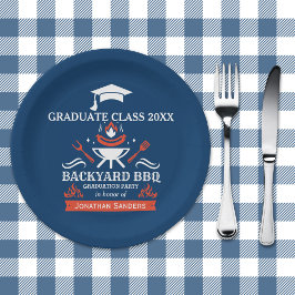 Graduation BBQ Backyard Navy Blue Papieren Bordje