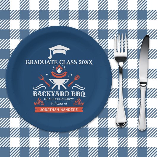 Graduation BBQ Backyard Navy Blue Papieren Bordje