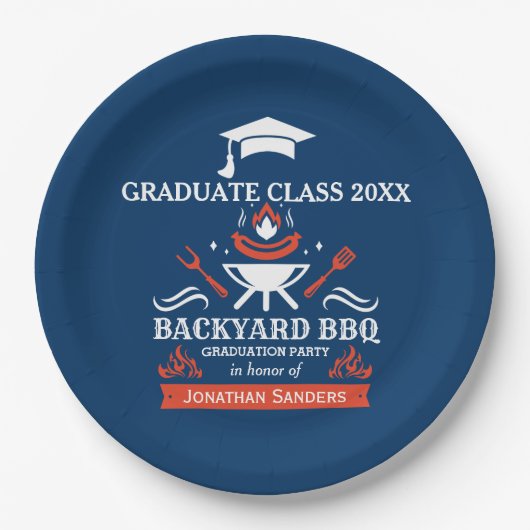 Graduation BBQ Backyard Navy Blue Papieren Bordje (Voorkant)