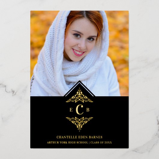 Graduation Black Real Golden Chic Lace Romantic Folie Uitnodiging (Voorkant)