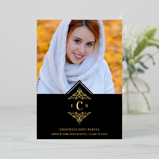 Graduation Black Real Golden Chic Lace Romantic Folie Uitnodiging (Staand Voorkant)