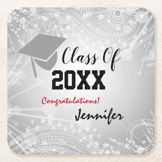 Graduation Cap, Class Year 20XX party Silver Kartonnen Onderzetters (Voorkant)
