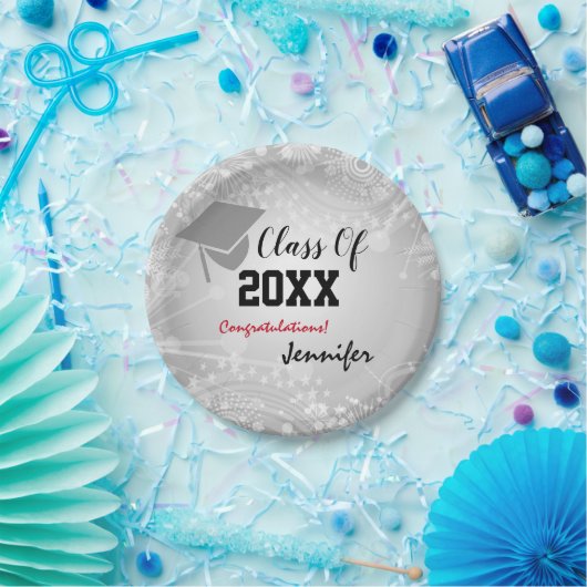 Graduation Cap, Class Year 20XX party Silver Papieren Bordje (Feest)