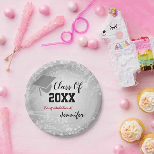 Graduation Cap, Class Year 20XX party Silver Papieren Bordje (Feest)