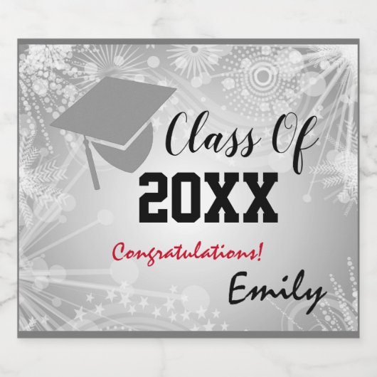 Graduation Cap, Class Year 20XX party Silver Sparkling Wijnetiket (Enkel label)