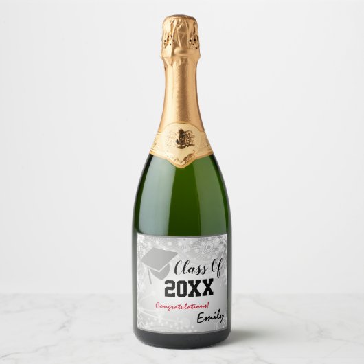 Graduation Cap, Class Year 20XX party Silver Sparkling Wijnetiket (Voorkant)