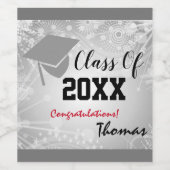Graduation Cap, Class Year 20XX party Silver Wijn Etiket (Enkel label)