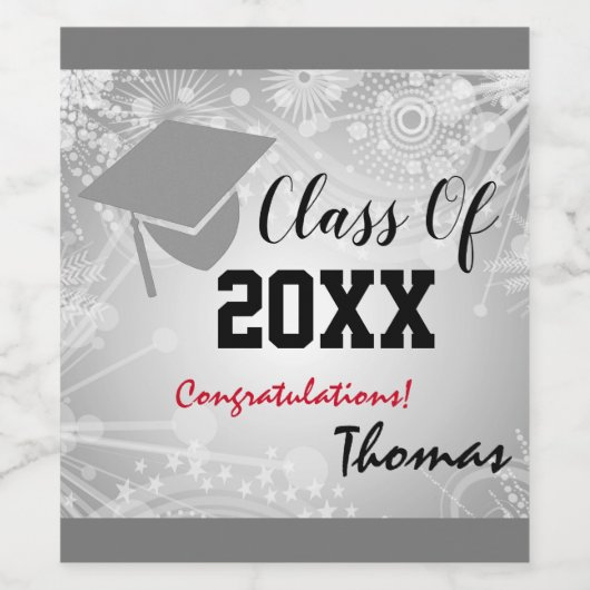 Graduation Cap, Class Year 20XX party Silver Wijn Etiket (Enkel label)