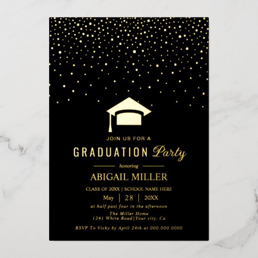 Graduation cap confetti Class Of 2025 black Folie Uitnodiging (Voorkant)