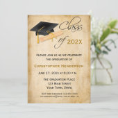 Graduation Cap, Diploma Parchment Look Invitation Kaart (Staand voorkant)