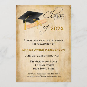 Graduation Cap, Diploma Parchment Look Invitation Kaart