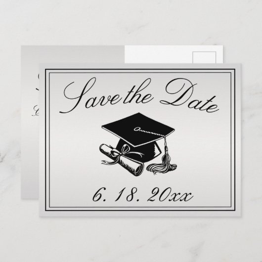 Graduation Cap Diploma Silver Save the Date Aankondigingskaart (Voorkant / Achterkant)
