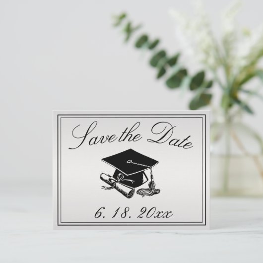 Graduation Cap Diploma Silver Save the Date Aankondigingskaart (Staand voorkant)