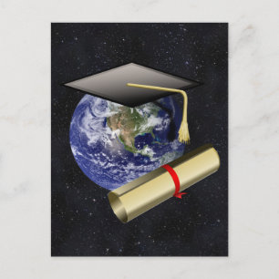Graduation Cap, Earth w/diploma - Star Background Aankondigingskaart