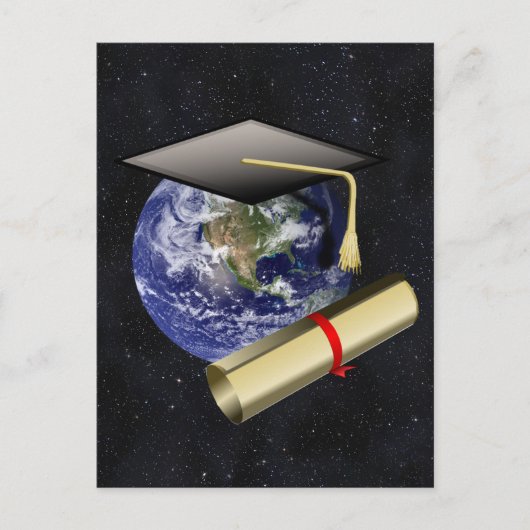 Graduation Cap, Earth w/diploma - Star Background Aankondigingskaart (Voorkant)