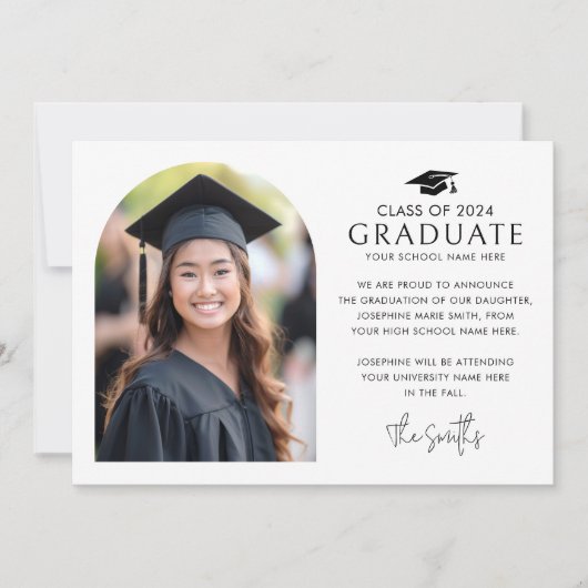 Graduation cap elegante boog wit foto aankondiging (Voorkant)