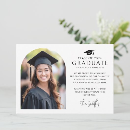 Graduation cap elegante boog wit foto aankondiging (Staand voorkant)