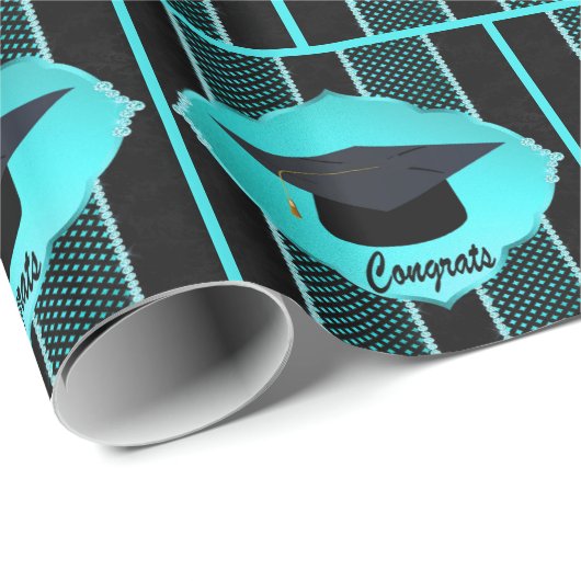 Graduation Cap Faux Rhinestone Zwart Turquoise Cadeaupapier (Rol Hoek)