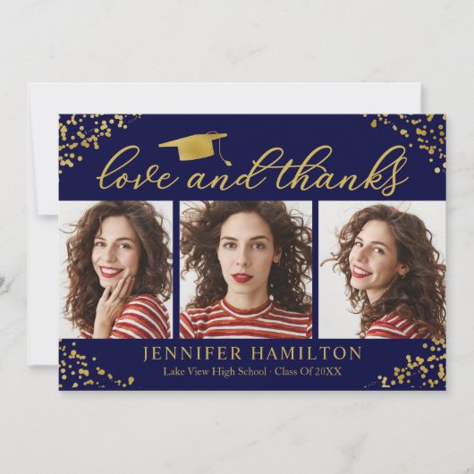 Graduation Cap Goudfolie op Blauwe Liefde en Bedan Kaart (Voorkant)