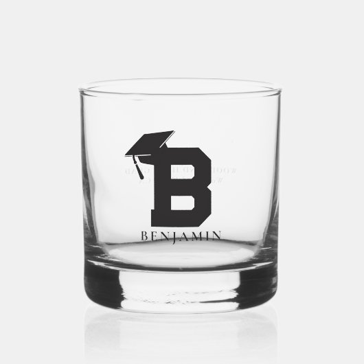 Graduation Cap Monogram Minimalistisch Custom Gift Whisky Glas (Voorkant)