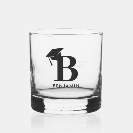 Graduation Cap Monogram Minimalistisch Modern Gift Whisky Glas (Voorkant)
