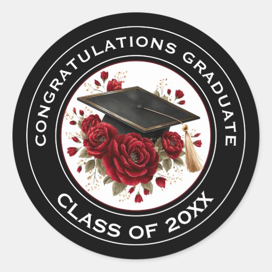 Graduation Cap & Red Roses Class of 20XX Ronde Sticker (Voorkant)