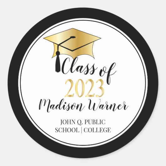 Graduation Cap -Tassel Black Gold Class of 2023 Ronde Sticker (Voorkant)
