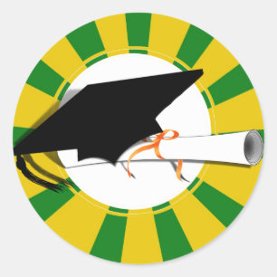 Graduation Cap Tilt w/Diploma - Goud & Groen Ronde Sticker