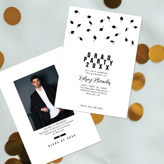 Graduation Cap Toss Black & White Grad Party Kaart