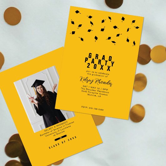 Graduation Cap Toss Gold & Black Grad Party Kaart