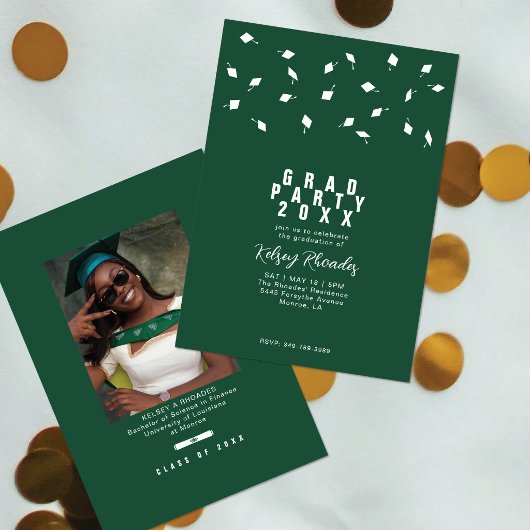 Graduation Cap Toss Green & White Grad Party Kaart