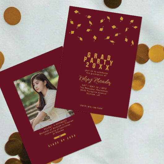 Graduation Cap Toss Maroon & Gold Grad Party Kaart