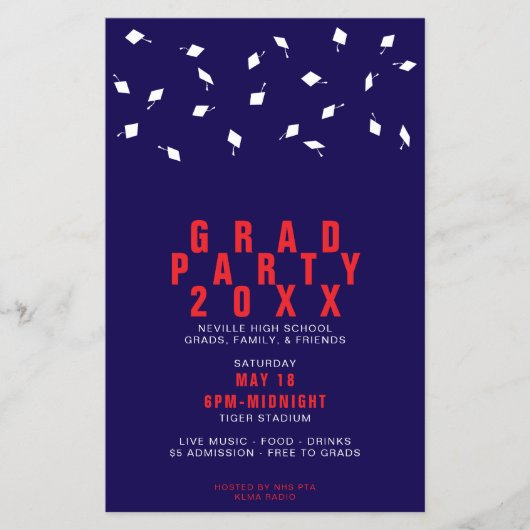 Graduation Cap Toss Red & Navy Grad Party Flyer (Voorkant)