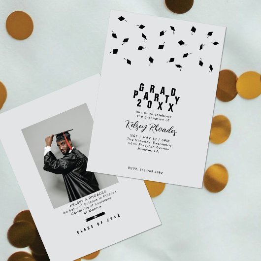 Graduation Cap Toss Silver & Black Grad Party Kaart