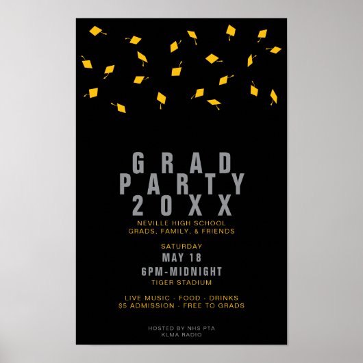 Graduation Cap Toss Silver & Gold Grad Party Poster (Voorkant)