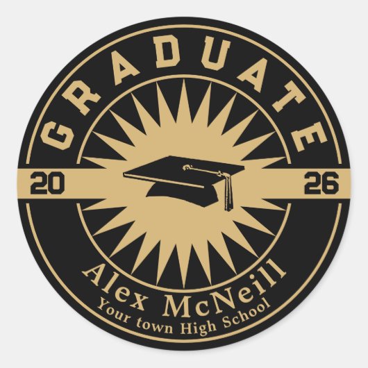 Graduation Classic Gold & Black Template Ronde Sticker (Voorkant)