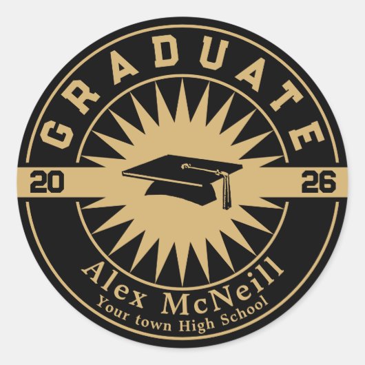 Graduation Classic Gold & Black Template Ronde Sticker (Voorkant)