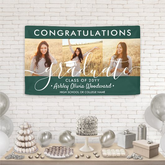 Graduation Congrats 3 Photo Collage Dark Green Spandoek
