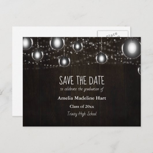 Graduation Country | String Lights Save The Date  Aankondigingskaart (Voorkant / Achterkant)