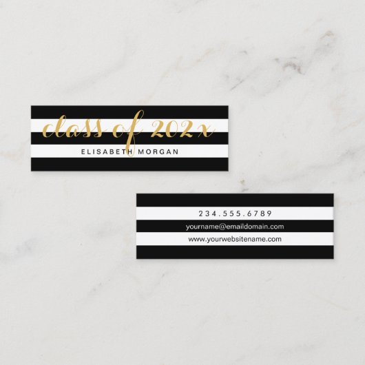 Graduation Gold Calligraphy Black White Stripes Contactkaartje (Voorkant / Achterkant)
