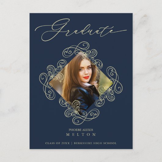Graduation Gold Diamond Flourish Photo Invitation Briefkaart (Voorkant)