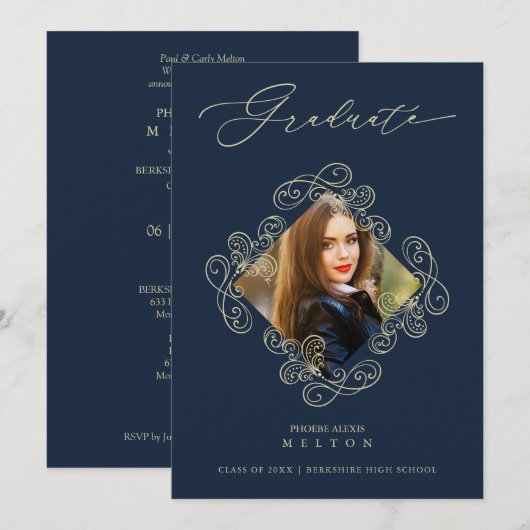Graduation Gold Diamond Flourish Photo Invitation. Kaart (Voorkant / Achterkant)