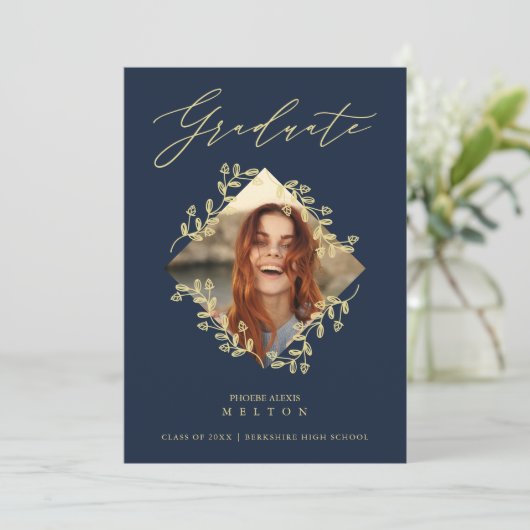Graduation Gold Diamond Wildflower Navy Photo Kaart (Staand voorkant)