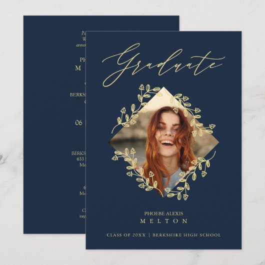 Graduation Gold Diamond Wildflower Navy Photo Kaart (Voorkant / Achterkant)